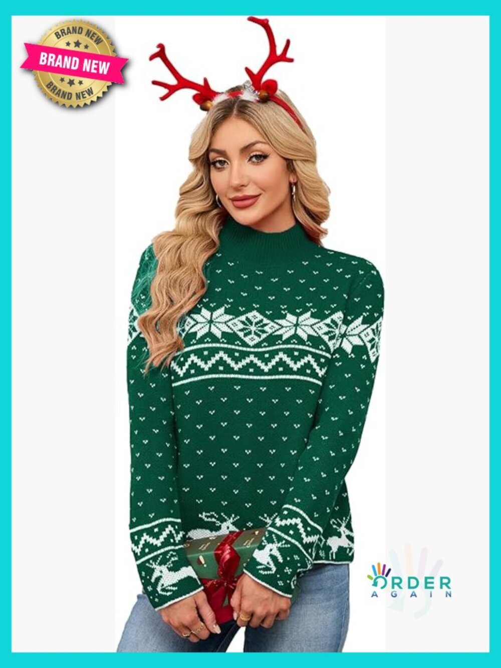 Ugly Christmas Mock Turtleneck Sweater Reindeer Snowflake Long Sleeve Pullover